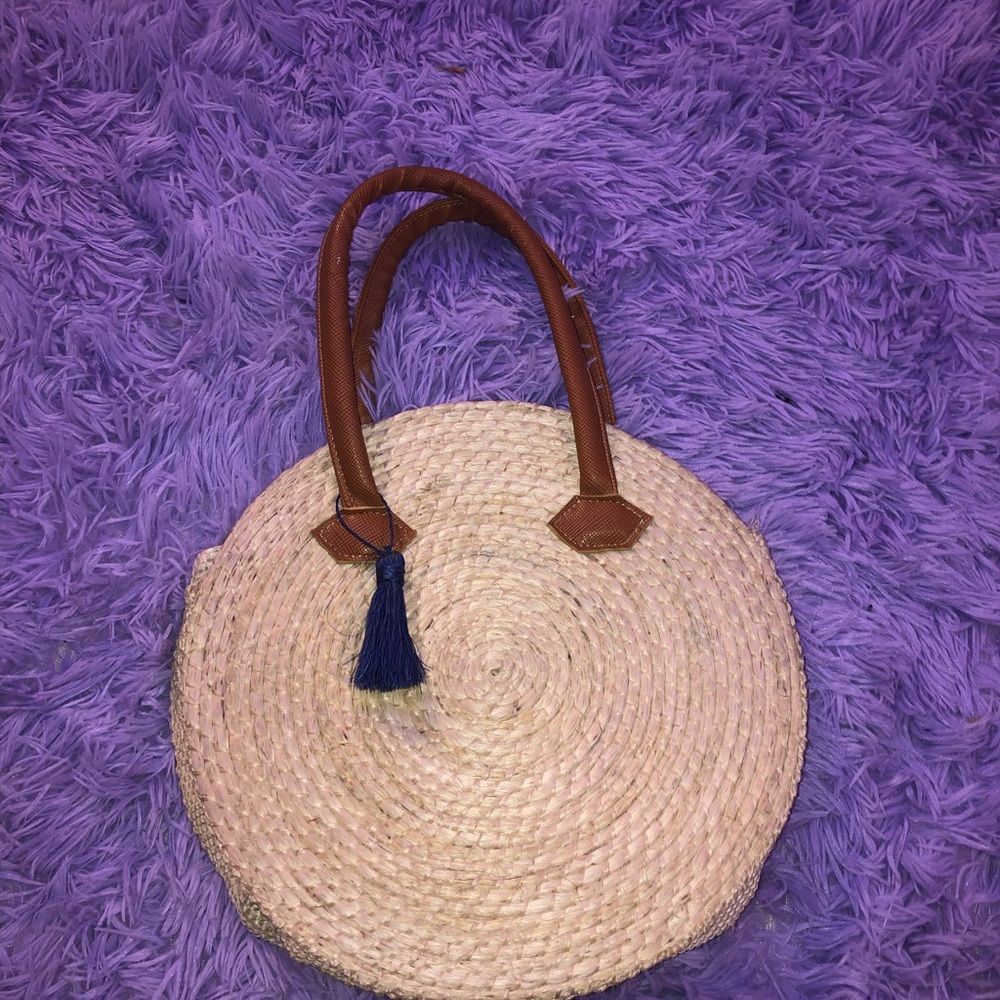 Round Straw Tote Bag with Brown Handles